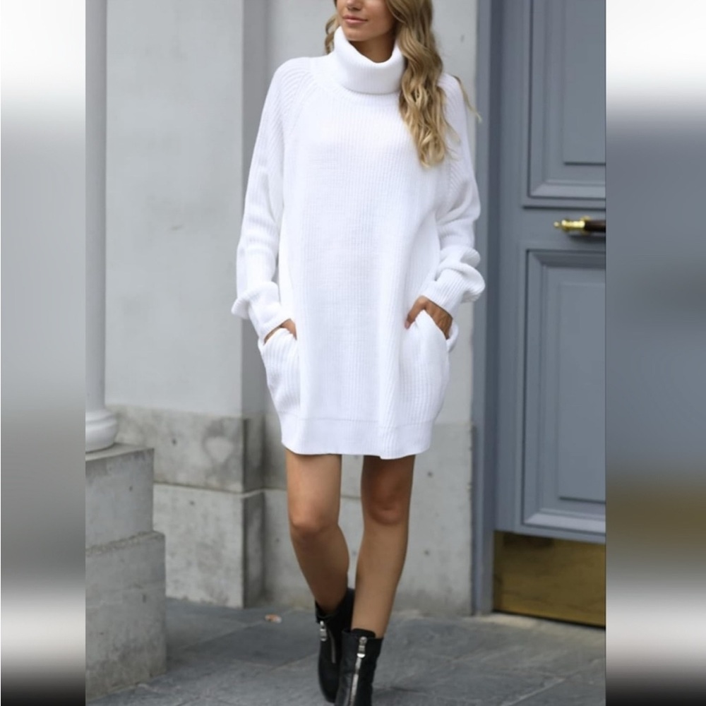 White Spring Turtleneck Sweater Dress